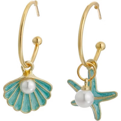 Shell Hoop Earrings, Asymmetric Shell and Starfish Earrings Seashore Hoop Earrings Beach Jewelry Light Blue One Size | Target