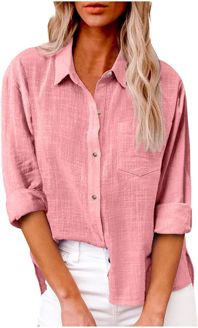 Womens Cotton Linen Button Down Shirt 2023 Casual Long Sleeve Solid Color Shirts Loose Work Tops ... | Amazon (US)