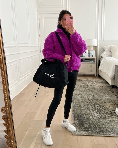 Workout outfit of the day 🖤 obsessed with my new fuzzy Nike jacket! The color is so pretty 🤩 I’m wearing a size small. 

Athleisure outfit; gym outfit; workout outfit; school drop off outfit; mom style; casual style; Nike sneakers; bike socks; black leggings; Christine Andrew 

#LTKstyletip #LTKunder100 #LTKfit