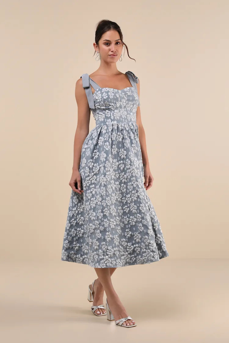 Bubbly Bliss Slate Blue Jacquard Bustier Tie-Strap Midi Dress | Lulus