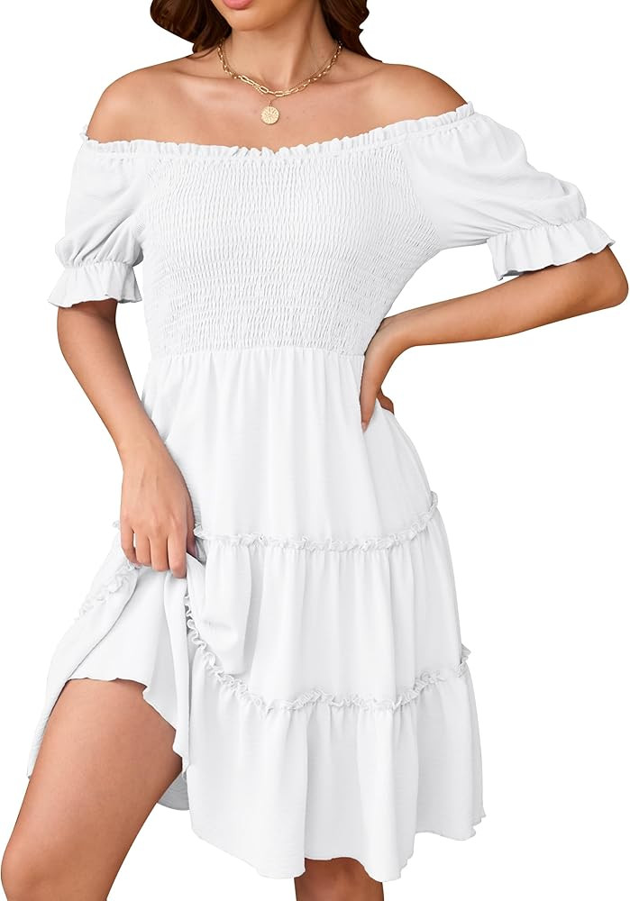 Women's Square Neck Smocked Dress Off Shoulder Short Sleeve Ruffle Hem Short Dress Flowy Casual M... | Amazon (US)