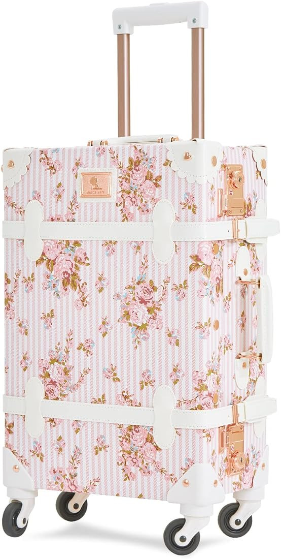 7998 Women Luxury Vintage Trunk Luggage TSA-Approved Cute Carry on Suitcase (Pink Floral, 20") | Amazon (US)