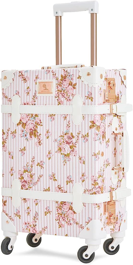 7998 Women Luxury Vintage Trunk Luggage TSA-Approved Cute Carry on Suitcase (Pink Floral, 20") | Amazon (US)