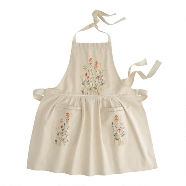 Natural Embroidered Floral Apron with Lace Trim | World Market