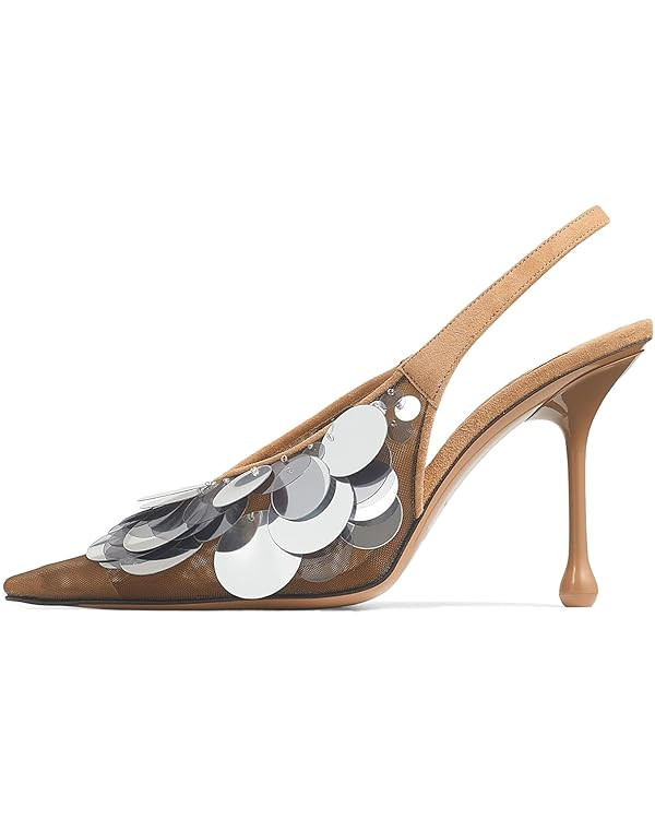 Goolita Women's Slingback Stiletto High Heels Closed Pointed Toe with Sequin Embellished Mesh Pum... | Amazon (US)