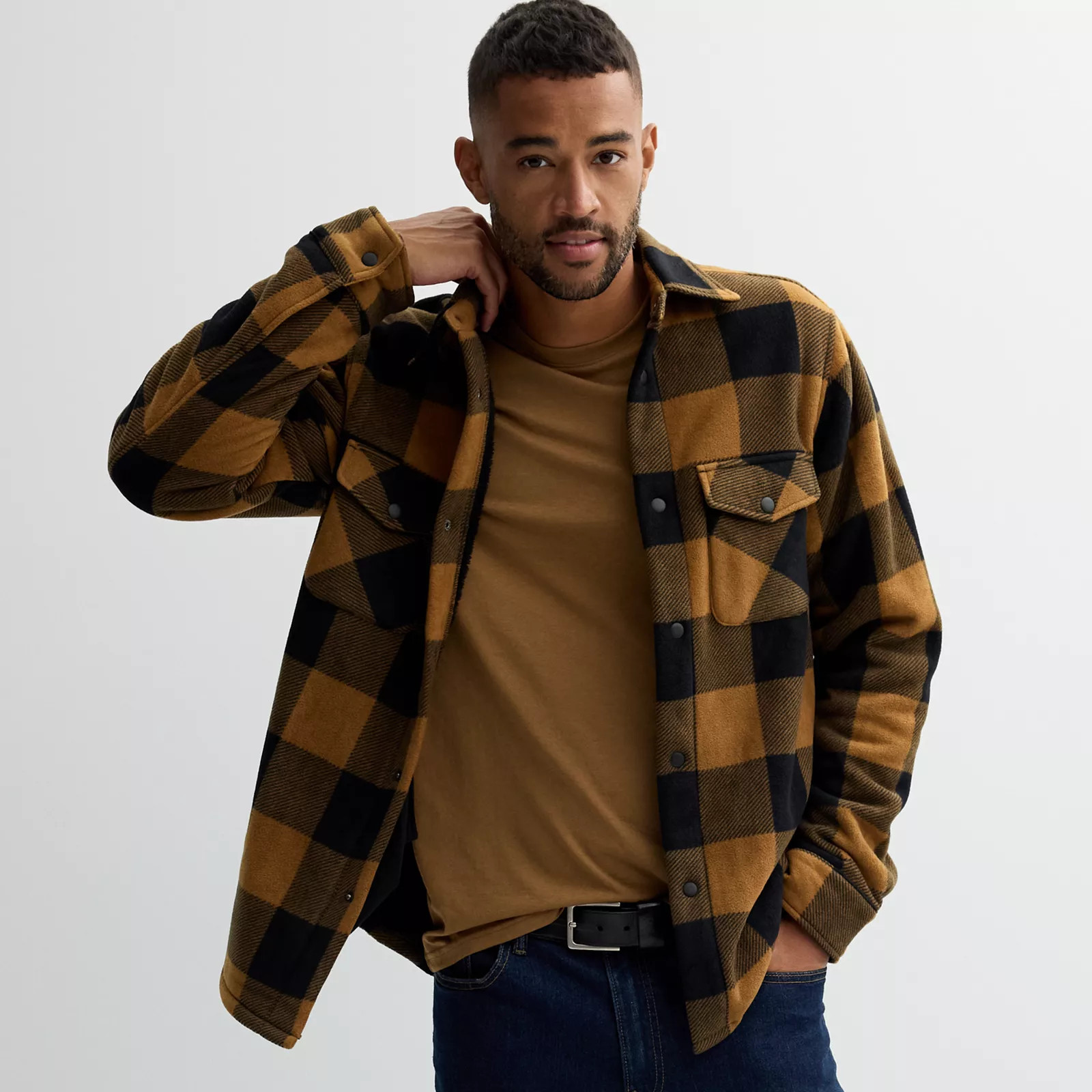 Men's Sonoma Goods For Life® Arctic Fleece Shirt Jacket, Size: Medium, Gold Brown Plaid | Kohl's