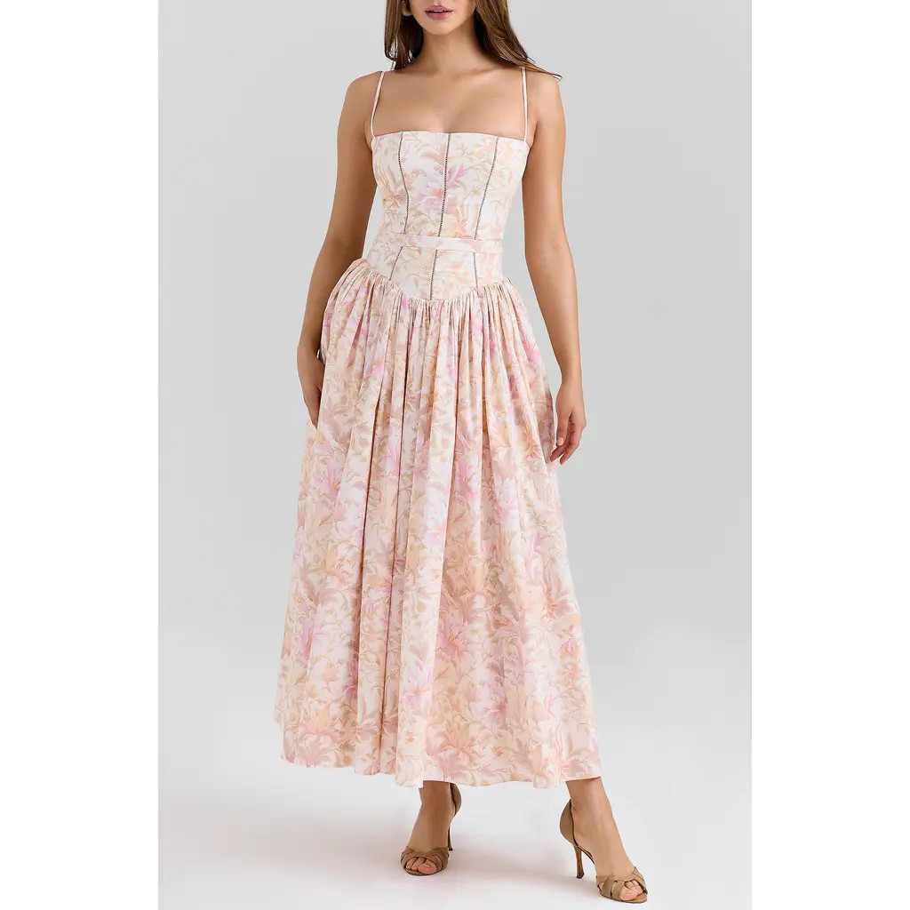 HOUSE OF CB Ysabella Floral Maxi Sundress in Peach Floral Print at Nordstrom, Size Medium | Nordstrom
