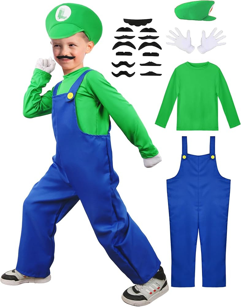 Super Brothers Costume for Kids/Adults Plumber Outfit with Hat Mustache Gloves Accessory Hallowee... | Amazon (US)
