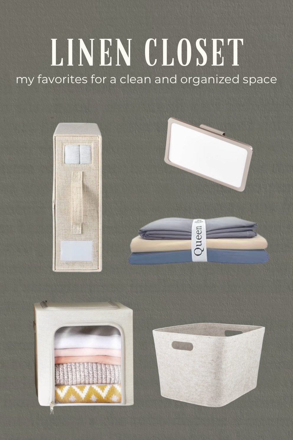 A few of my favorite pieces for a clean, organized linen closet. If you’re a master sheet folder, the bands might be your best friend. If you’re not a fan of folding sheets, the storage case is the perfect solution to keep everything looking neat without the effort.

1. Sheet storage case
Keeps sheet sets contained and looking neat without perfect folding.

2. Bin clip label
A clean way to label baskets and keep categories easy to find.

3. Sheet bands
Ideal for keeping folded linens tight and tidy on the shelf.

4. Zippered blanket bin
A structured bin that protects blankets and keeps bulkier items stored cleanly.

5. Felt storage basket
Lightweight and versatile for towels, washcloths, or extra linens. 

 #LTKHome #LTKFindsUnder50 #LTKFindsUnder100