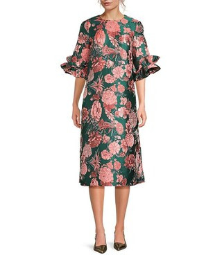 Abbey Glass Bronwyn Jacquard Ruffle Crew Neckline 3/4 Sleeve Shift Maxi Dress | Dillard's | Dillard's