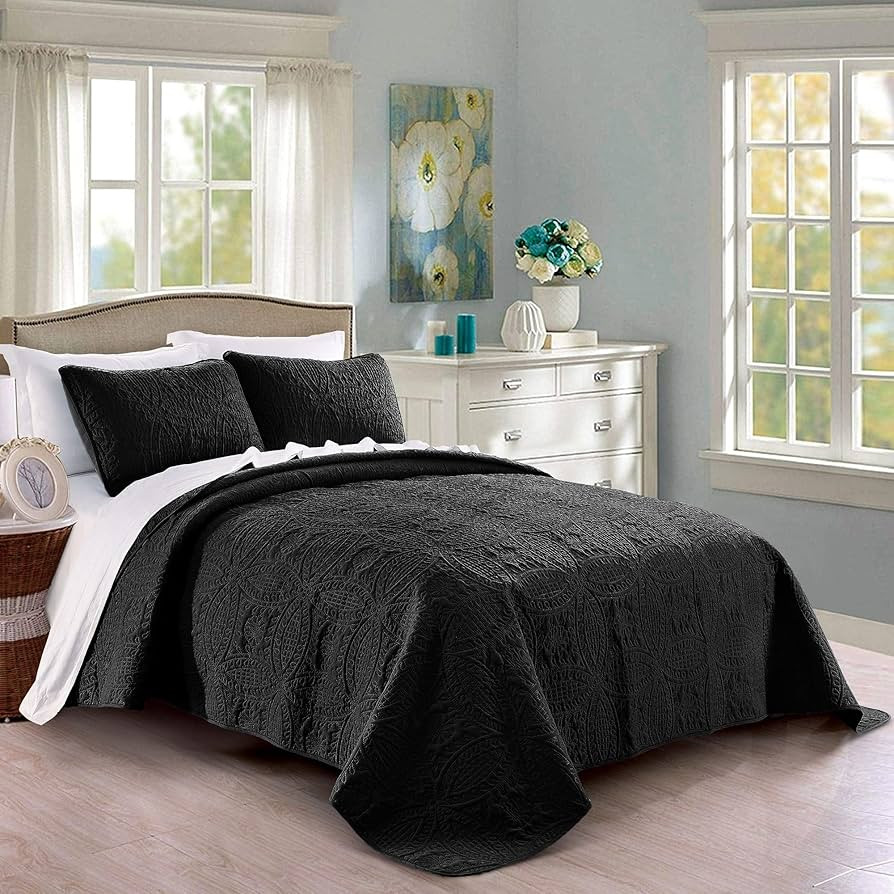 Pure Bedding Quilt Set Full/Queen Size Black - Oversized Bedspread - Soft Microfiber Lightweight ... | Amazon (US)