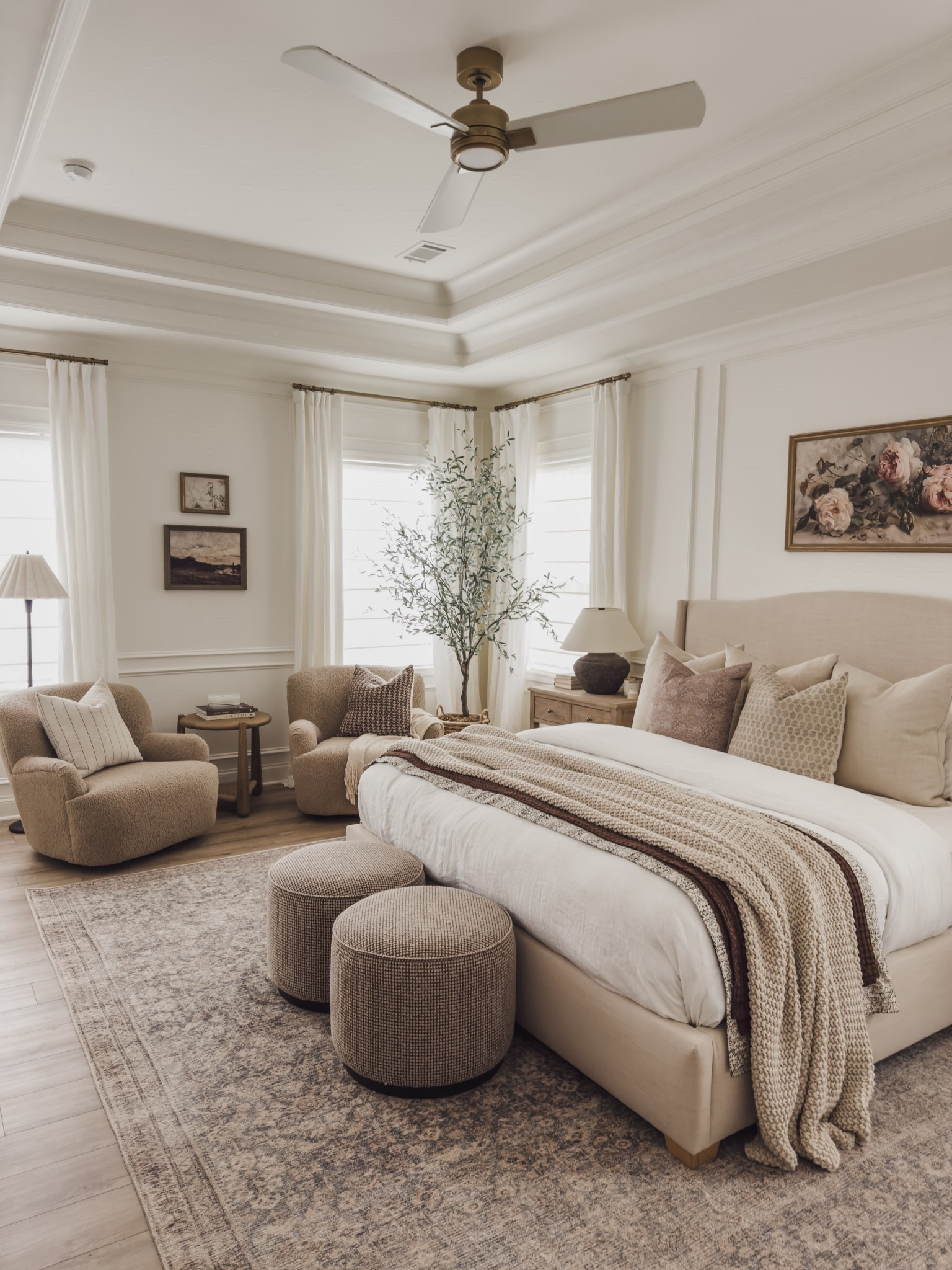 Look for less throughout my primary bedroom! Creating a neutral and cozy vibe with all of my favorite finds to create a similar look.

Home finds, neutral bedroom inspo, collected style, look for less, furniture favorites, quality over quantity, upholstered bed frame, ottoman faves, accent chair, ceiling fan, gold detail, neutral area rug, linen curtain, Four Hands, Wayfair, Walmart, Pottery Barn, Target style, Visual Comfort, shop the look!

#LTKSeasonal #LTKHome #LTKStyleTip