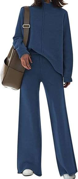 Meenew Women's High Neck 2 Piece Sweatsuit Long Sleeve Knit Sweater Tops Wide Leg Pants Set Outfi... | Amazon (US)