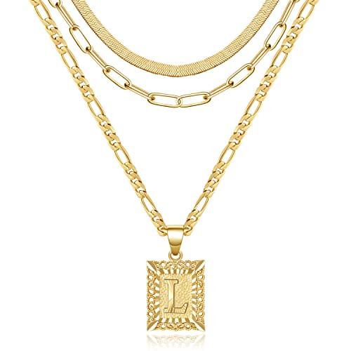 KissYan Gold Layered Initial Necklace Set for Womens, 14K Gold Plated Letter L Pendant Necklaces Paperclip Snake Choker Alphabets from A-Z Figaro Chain Necklace Jewelry Gift | Amazon (US)