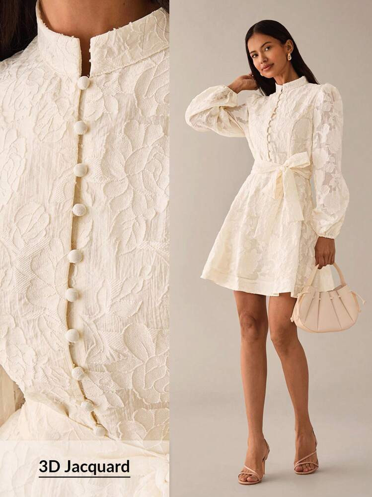 Lilora Elegant Sweet Jacquard Texture Premium Quality Stand Collar Cinched Waist Big A-Line Front Button Puff Lantern Sleeve Short Women's Dress, Spring/Summer Creme Dress Victorian Vintage Style Dress French Style Dress Ivory Dress Urban Style | SHEIN