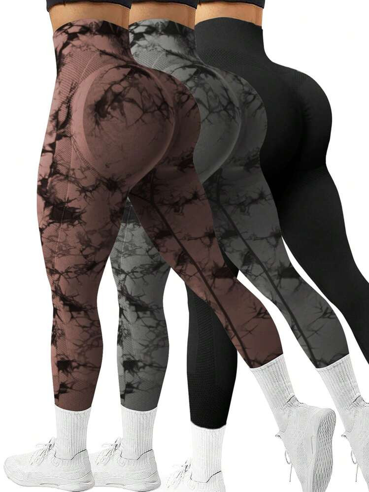 Easithlete Tie-Dye Seamless High-Waisted Stretchy Sports Leggings Three Pair Yoga Women Pants | SHEIN