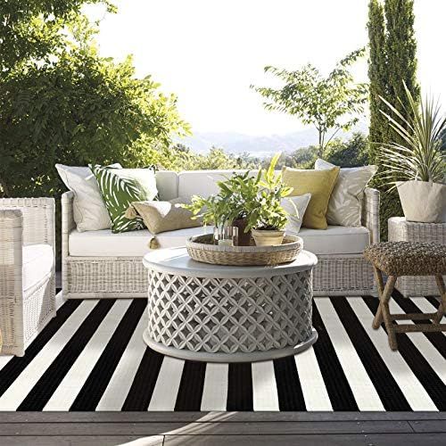 LEEVAN Black and White Striped Area Rug 4 x 6 ft Outdoor Patio Rug Woven Washable Farmhouse Colle... | Amazon (US)