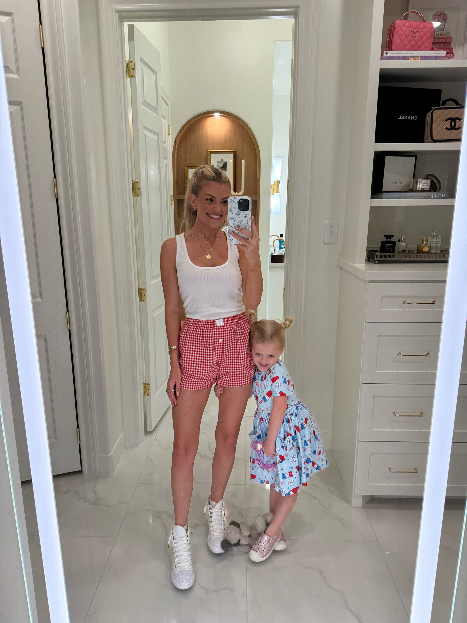 today’s patriotic outfit to celebrate memorial day! these boxers are an amazon find - I got them in 2 colors (wearing size small in tank & shorts) 

memorial day, 4th of july, fourth of july, american, usa, red white and blue, boxer shorts, casual summer outfit, white tank, good american, white converse, gold jewelry 

#LTKFindsUnder50 #LTKSeasonal