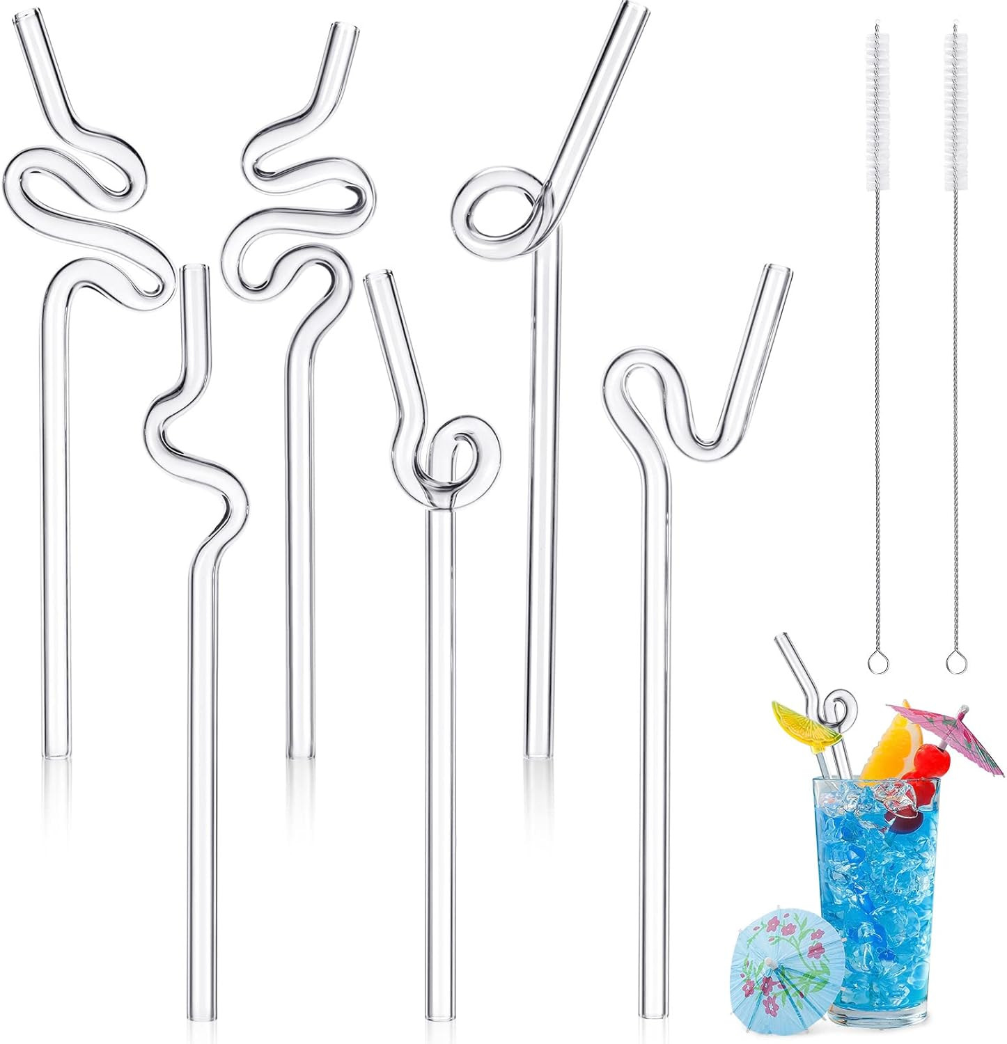 Yinkin 6 Pcs Wavy Glass Straw Reusable Curved Silly Glass Straws Shatter Resistant with 2 Cleanin... | Amazon (US)