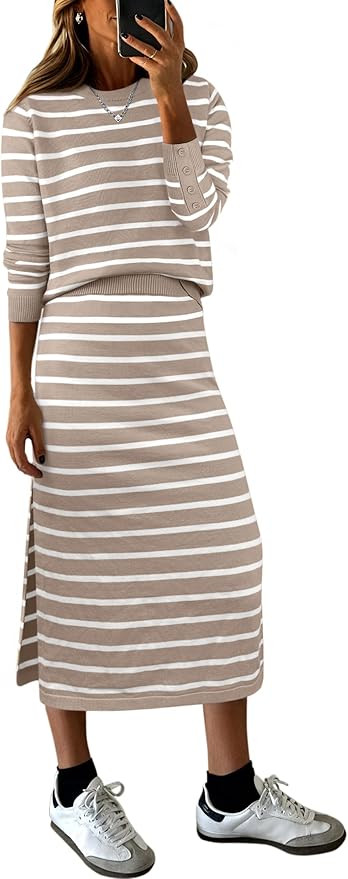 ANRABESS Women 2 Piece Striped Sweater Skirt Set | Cozy Knit Matching Outfit, Crew Neck Long Slee... | Amazon (US)