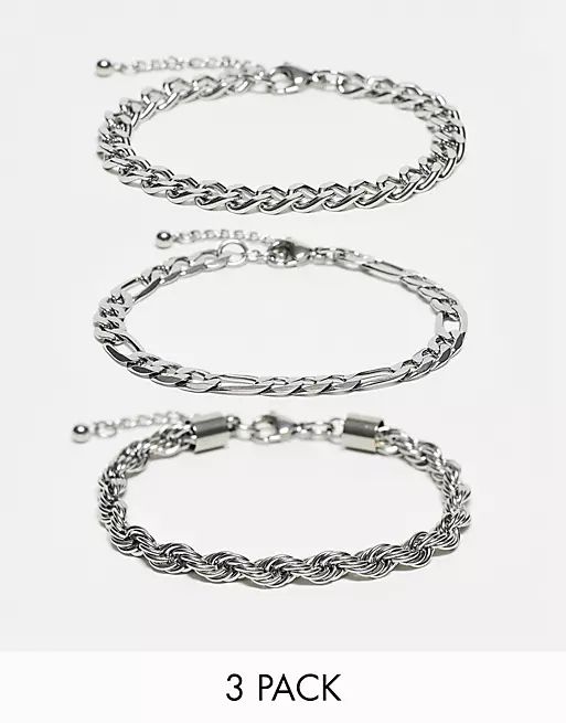 ASOS DESIGN waterproof stainless steel 3 pack chain bracelet set in silver tone | ASOS (Global)