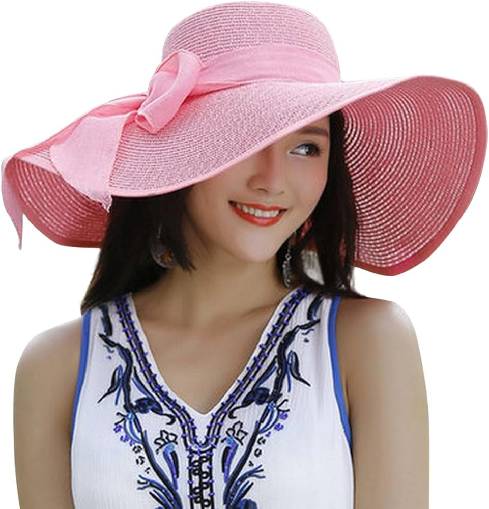 Lanzom Womens 5.5 Inches Big Bowknot Straw Hat Large Floppy Foldable Roll up Beach Cap Sun Hat UPF 5 | Amazon (US)