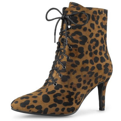 Allegra K Women's Pointy Toe Zip Lace Up Stiletto Heel Ankle Boots Leopard 8 | Target