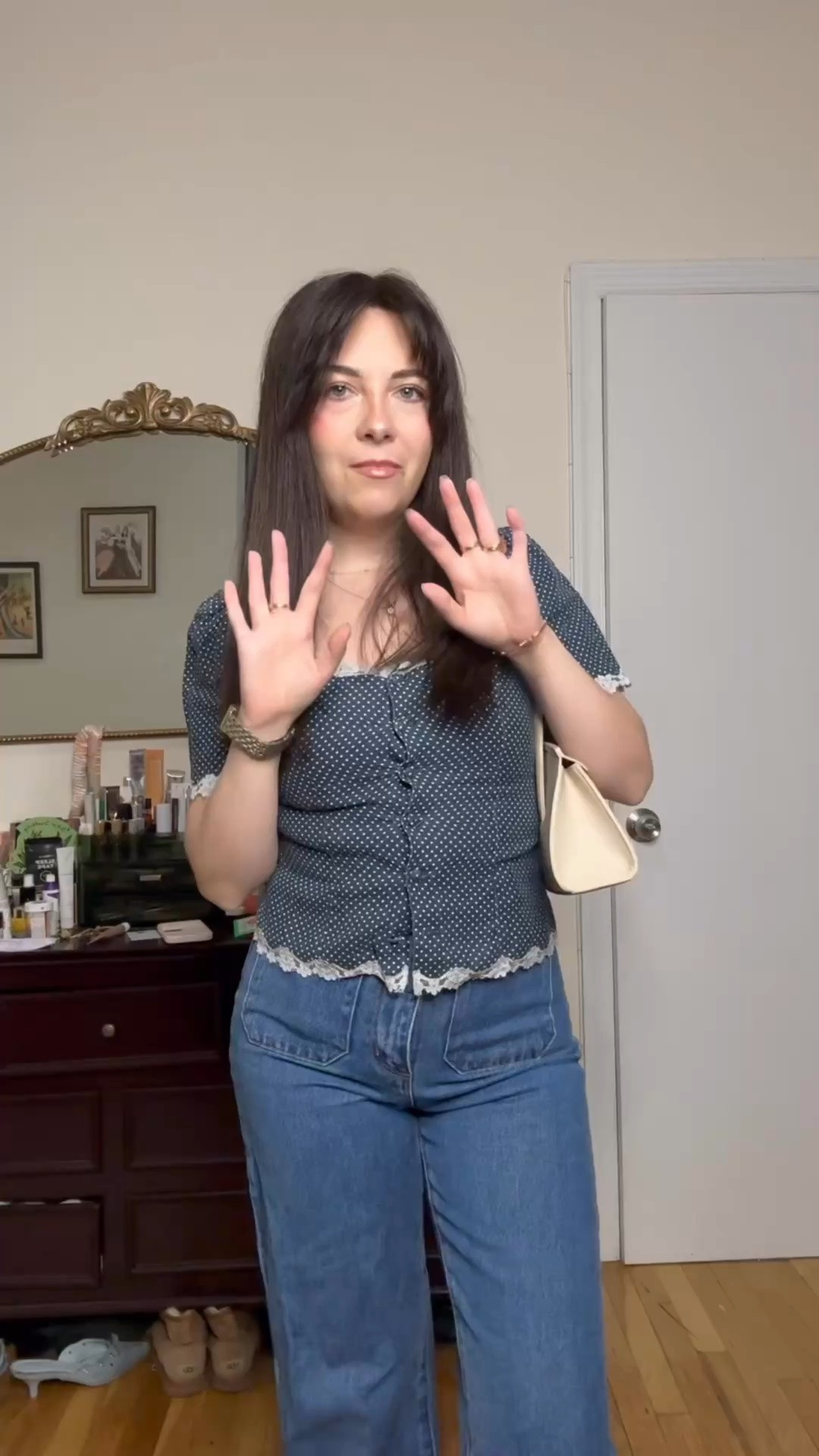 Wearing a polka dot short sleeve button-front top with lace trim, paired with high-waisted flare leg jeans and white pointed-toe heels for a polished touch. Neutral shoulder bag + simple accessories to finish the look.

Perfect for: casual date nights, drinks in the city, or dinner with friends.

#LTKootd #LTKSeasonal #LTKgrwm