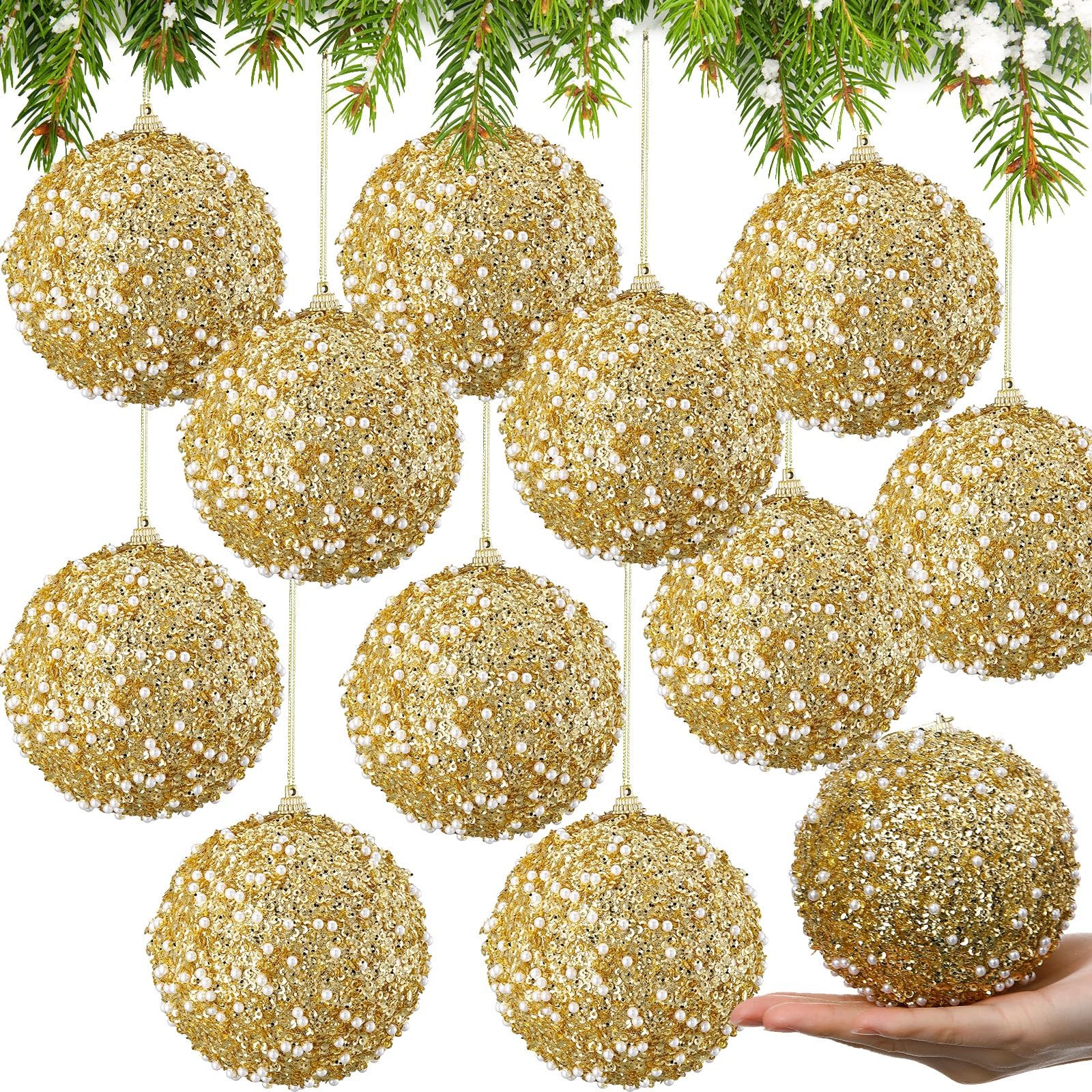 Lyrow 12 Pcs Large Glitter Christmas Ball Ornament 4 Inch Vintage Foam Christmas Tree Balls Sequi... | Amazon (US)