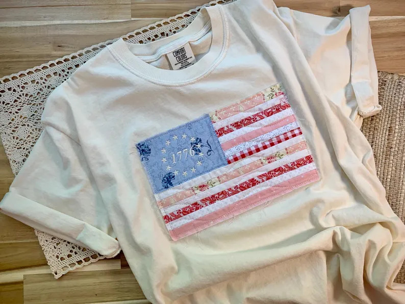 Quilted Rag Flag Tshirt/usa Embroidered Quilt Block Shirt/old Glory Faded Tee 1776-2026/patriotic... | Etsy (Global)