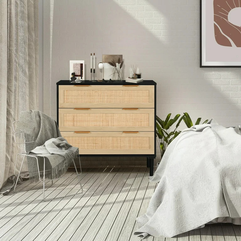3 Drawer Dresser Rattan Wood Dresser Chest of Drawers Large Storage Cabinet with Double Metal Han... | Walmart (US)