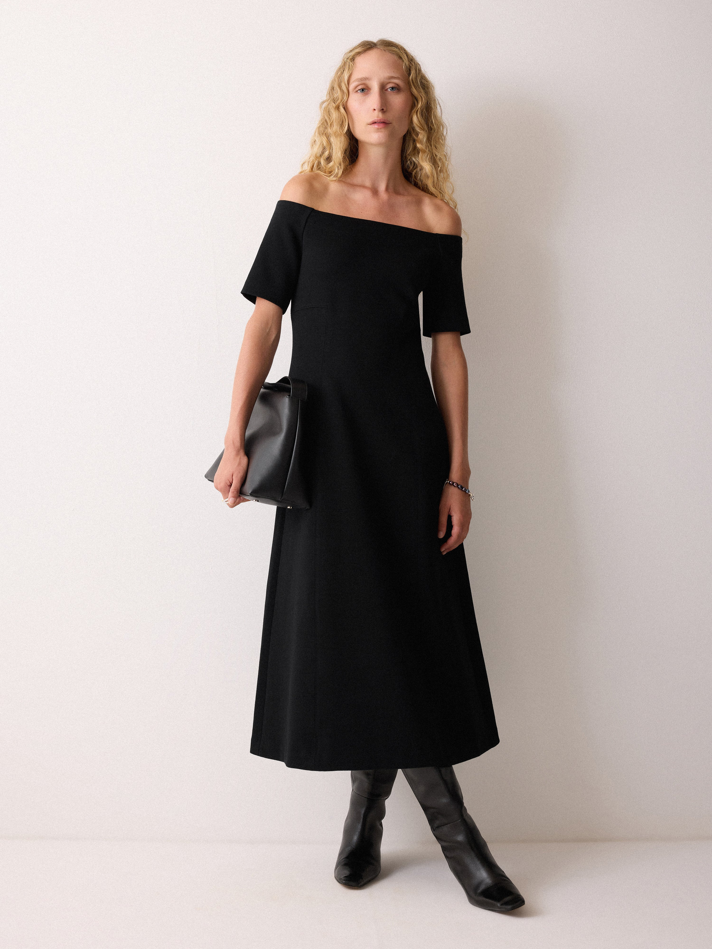 Off Shoulder Crepe Dress | Black | Jigsaw (UK)