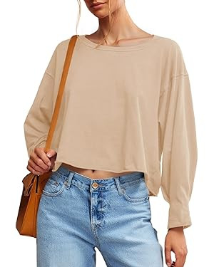 Fisoew Womens Long Sleeve Crop Tops Loose Fit Crew Neck Oversized Cropped Tshirts 2025 Casual Wor... | Amazon (US)