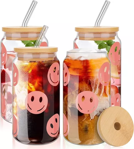 20 oz Glass Cups with Bamboo Lids and Glass Straw - 4pcs Set Beer Can Shaped Drinking Glasses, Iced Coffee Glasses, Cute Tumbler Cup for Smoothie