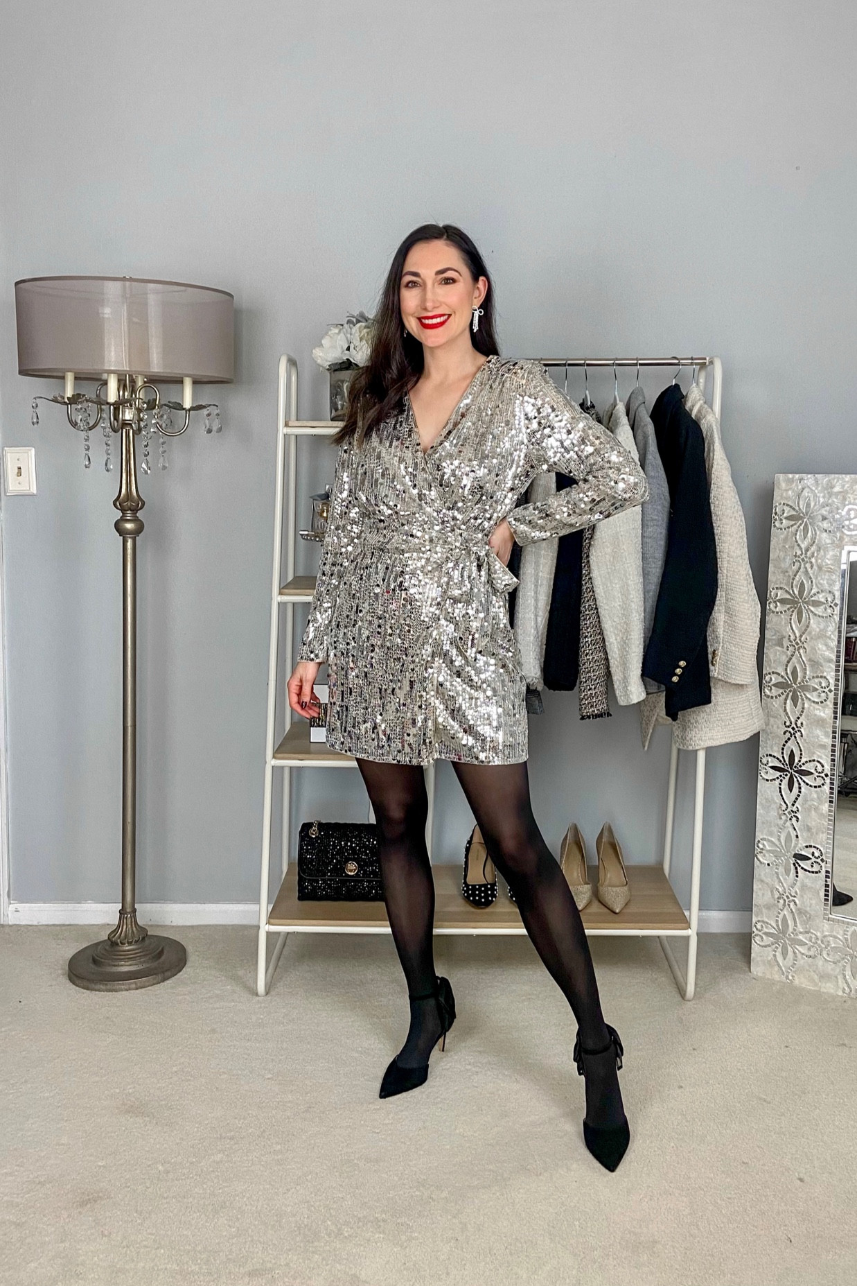 Holiday outfit idea ✨❤️✨
Sequin dress 20% off with $75 purchase through retailer app!

Silver sequin wrap mini dress size small, fits slightly big 
Black tights size medium, size up if taller 
Black heels with organza bows, size 7, TTS

Holiday dress 
Sequin dress 
Holiday outfits 
New Year’s Eve dress 



#LTKHoliday #LTKparties #LTKsalealert