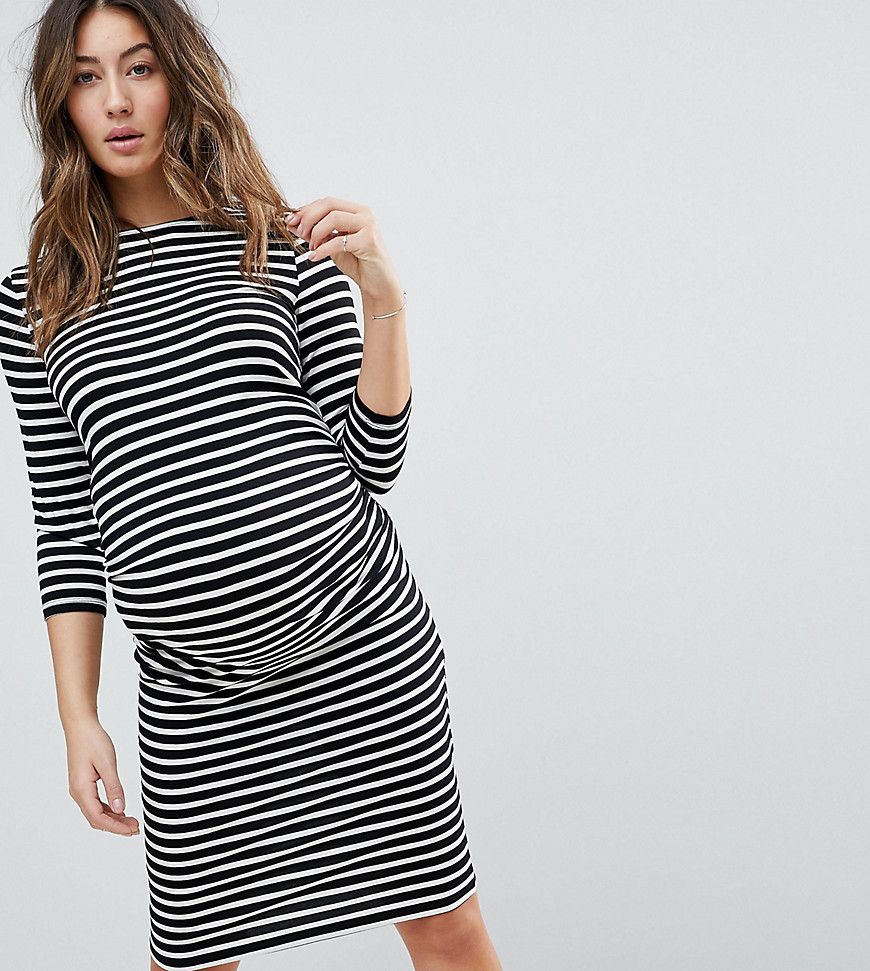 New Look Maternity Stripe Ruched Side 3/4 Length Sleeve Dress - Black | ASOS US