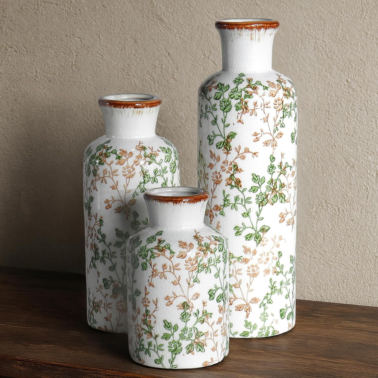 Brown and Green Ceramic Vase Set of 3, Vintage Botanical Vases for Decor | Amazon (US)