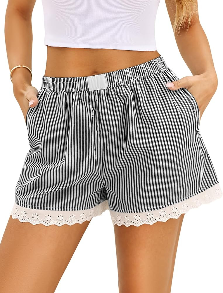 Marvmys Womens Boxer Shorts Cotton Pajama Bottoms Summer Gingham Ruffle/Lace Shorts Casual Y2K Be... | Amazon (US)