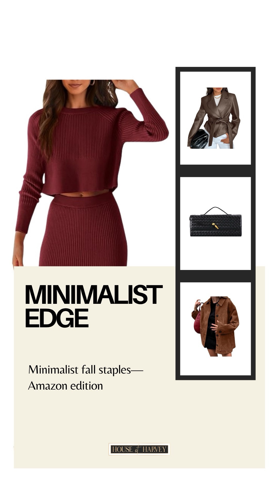 Minimalist edge—minimalist fall staples; Amazon edition! I found the best pieces that have clean lines and neutral palettes get a bold twist this week. Structured coats, tailored trousers, sharp boots, and sculptural jewelry come together to create a wardrobe of quiet confidence. It’s minimalism with edge—sophisticated, modern, and endlessly versatile. I found a dress, two piece set, jacket, cardigan, skirt set, handbag, and other accessories that all embody this minimalist vibe. All pieces are linked and under $100 ⬆️

#ltkcreator #ltkfinds #ltkwatchnow #amazon #amazonfinds #fall #falloutfits #fallfashion #sweater #cardigan #twopieceset #handbag 

#LTKStyleTip #LTKSeasonal #LTKFindsUnder100