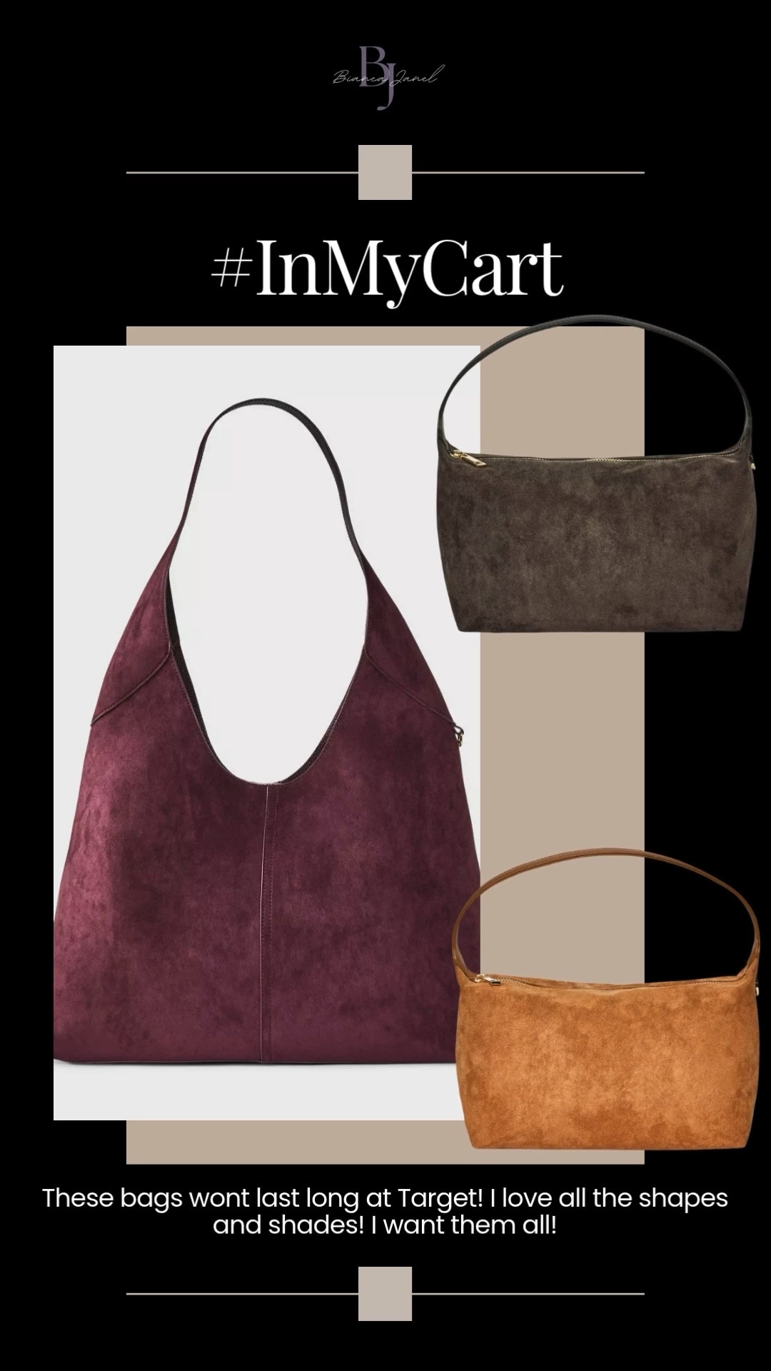 👜 #InMyCart Alert! These bags won’t last long at Target! Loving all the shapes and shades—especially the gorgeous fall-inspired colors like toasted caramel, deep chestnut, and classic mocha browns that add so much warmth and richness to any outfit. Plus, that luxe burgundy shade is the perfect pop of autumnal elegance. Seriously, I want them ALL. Don’t wait, grab yours before they’re gone! ✨

#TargetFinds #TargetBags #FallAccessories #BagObsessed #TargetStyle #MustHaveBags #BiancaJanel #BiancaJanelStyle 

#LTKFindsUnder50 #LTKStyleTip #LTKSeasonal