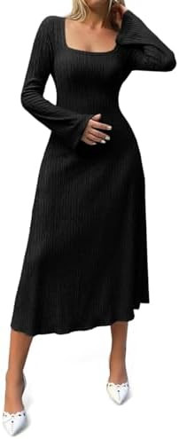 Cicy Bell Womens Sweater Dress Square Neck Maxi Dress Long Sleeve Tie Waist Fall Winter Wedding G... | Amazon (US)
