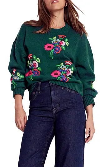 Boden Novelty Embroidered Sweater in Emerald Night Bouquet at Nordstrom Rack, Size X-Large | Nordstrom Rack