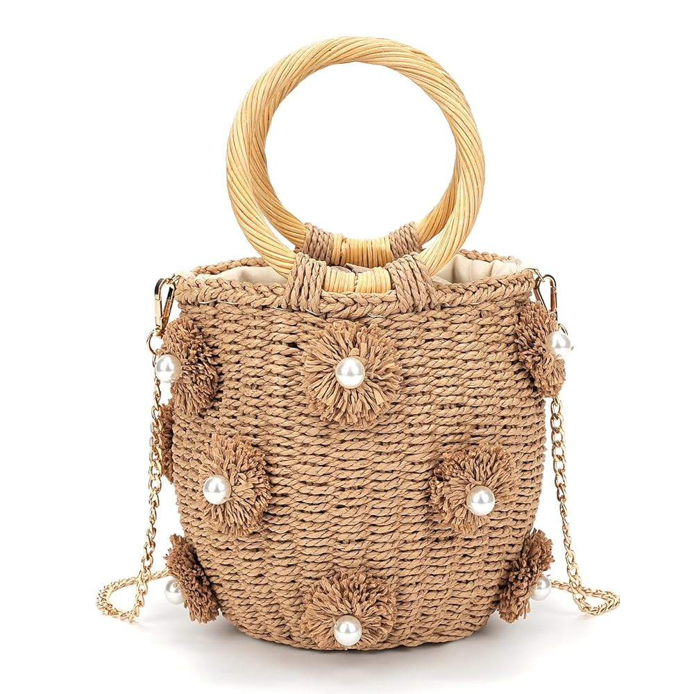 Straw Bucket Bag Flower Pearls Rattan Tote Bag Summer Beach Bag Woven Handbag Drawstring for Wome... | Amazon (US)