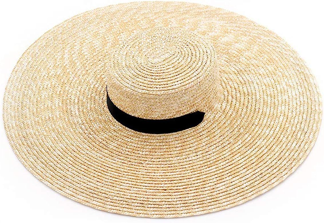 Large Brim Beach Boater Hat, Natural Wheat Straw, Brim Size 7.1'', with Long Ribbon Tie | Amazon (US)