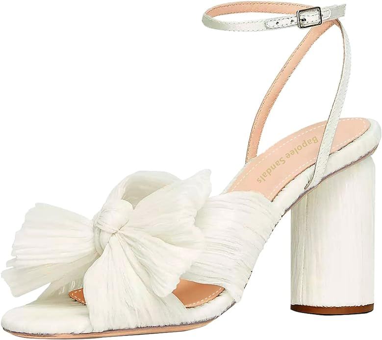 Women's Bow Heels Wedding Sandals Shoes Chunky Heel Cute Pleated Open Toe Ankle Strap Block Heel ... | Amazon (US)