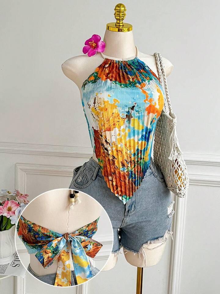 Comfortcana Romantic Oil Painting Print Pleated Plus Size Asymmetrical Hem Sleeveless Tank Top, S... | SHEIN