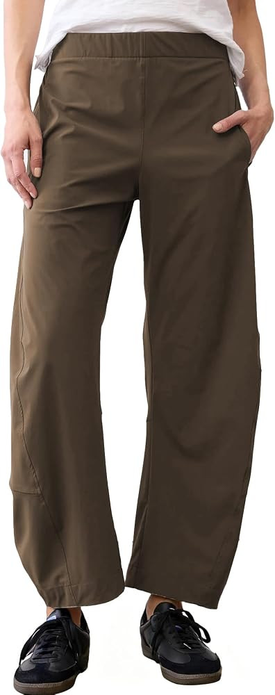 SeeLuNa Women Barrel Travel Pants Elastic Waistband Tapered Leg Baggy Mid Rise Work Trousers Loun... | Amazon (US)