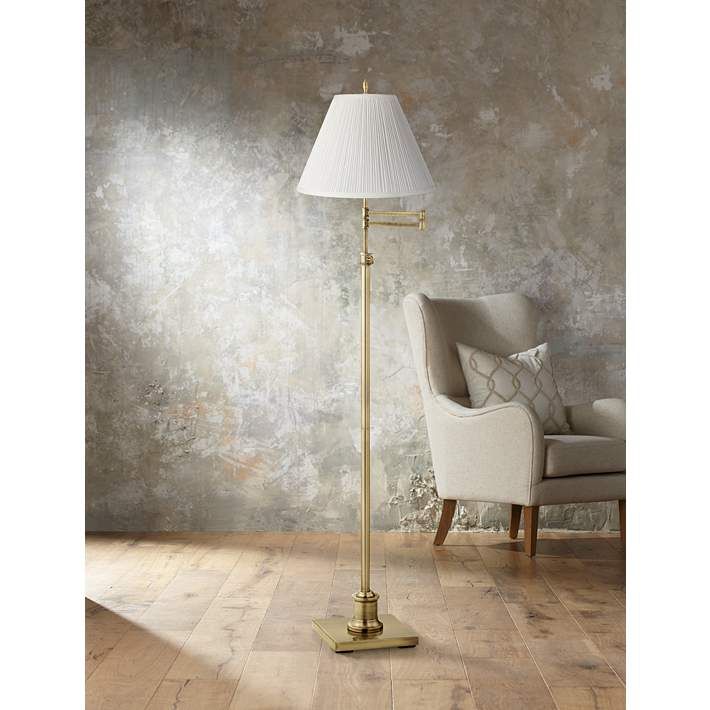 Westbury White Pleated Shade Brass Swing Arm Floor Lamp | Lamps Plus