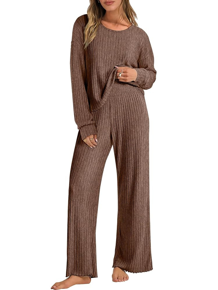 ANRABESS Women 2 Piece Lounge Pajamas Sets Casual Ribbed Knit Long Sleeve Top Pants Matching Set ... | Amazon (US)