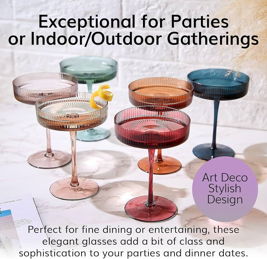 Colored Vintage Art Deco Coupe Glasses - Martini, Cocktail & Champagne Ribbed Glasses 7oz | Set o... | Amazon (US)